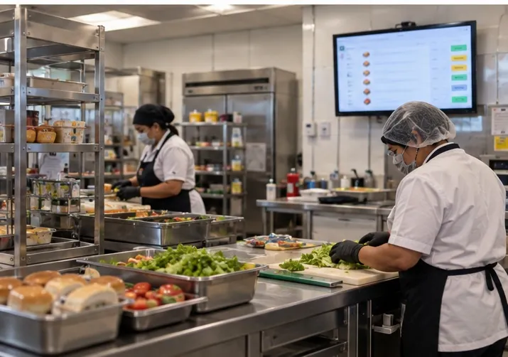 Preparación de alimentos en una cafetería escolar