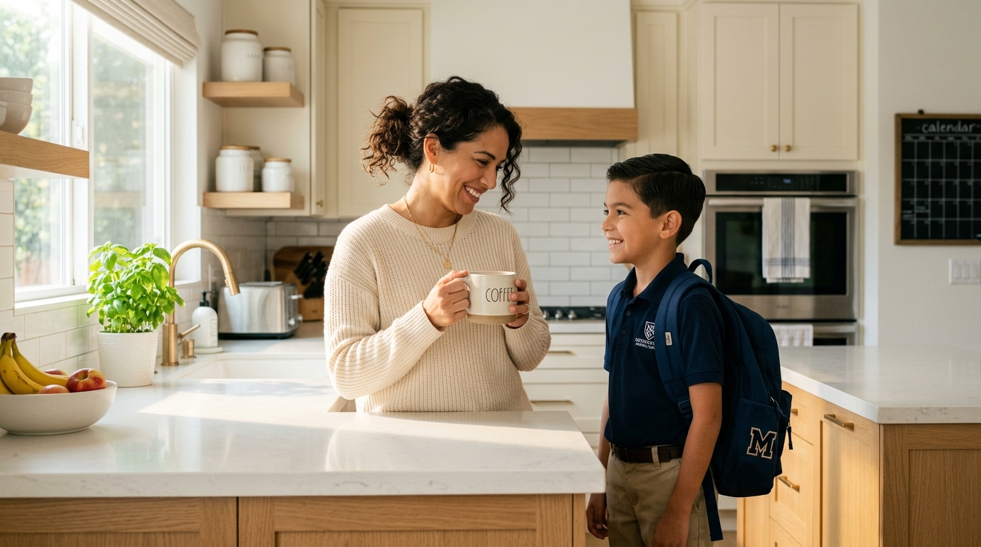 Madre e hijo platicando tranquilos por la mañana en la cocina antes de ir al colegio
