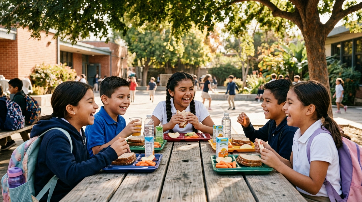 Niños felices comiendo juntos y sonriendo al aire libre durante el recreo escolar