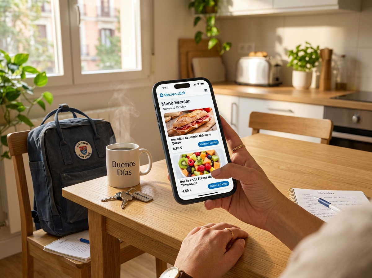 Pantalla de la app Recreo.click para padres mostrando el planificador de comidas y saldo